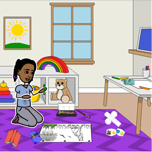 Meitene, izmantojot veidnes, grafiskos organizatorus un krāsojamās lapas
