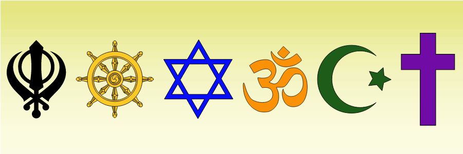 Les symboles des 6 grandes religions sont assis sur un fond jaune. Ce sont le sikhisme, l'hindouisme, le judaïsme, le bouddhisme, l'islam et le christianisme.
