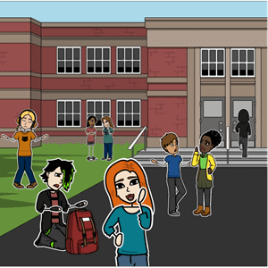 Personaje Posando Fuera de la Escuela