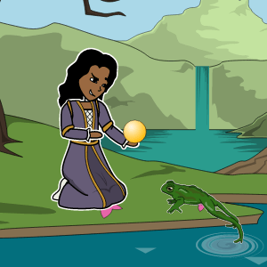 Uma princesa se ajoelha na beira de um lago, segurando uma bola dourada. Um sapo pula da água.