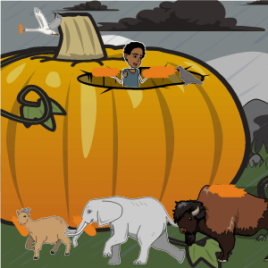 A man is inside of a giant pumpkin. There are animals like a llama, elephant, and bison helping carry pieces of pumpkin away.