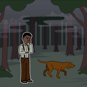 Um homem negro de suspensórios olha para um cachorro marrom. Eles estão em uma floresta nebulosa.