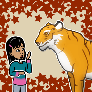 Een klein meisje kijkt geschokt naar een tijger die voor haar staat.