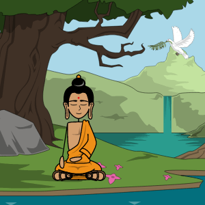 Buddha sits beneath a tree, meditating. A dove holding an olive branch flies toward him.
