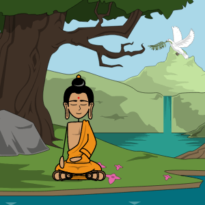 Buda está sentado sob uma árvore, meditando. Uma pomba segurando um ramo de oliveira voa em sua direção.