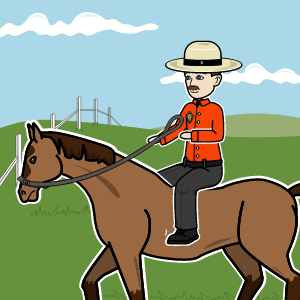 Mountie jazdí na hnedom koni. Nosí červenú košeľu a klobúk.