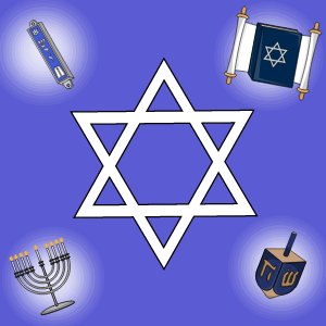Una stella di David bianca è su uno sfondo blu. Ci sono simboli della fede ebraica come un rotolo, una menorah e un dreidel intorno.