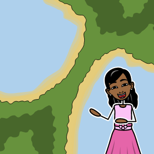 Crna djevojka u ružičastoj haljini pokazuje što je isthmus. Oblici terena i vodna tijela.