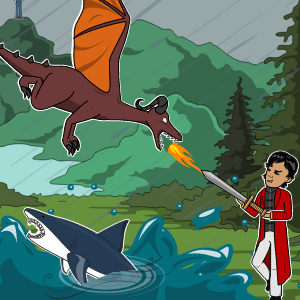 Dragón rojo batiendo fuego y hombre de abrigo rojo luchando contra el dragón con espada