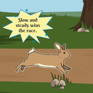Kaninchen rennt, um eine Schildkröte zu fangen, mit dem Text "Langsam und stetig gewinnt das Rennen" oben