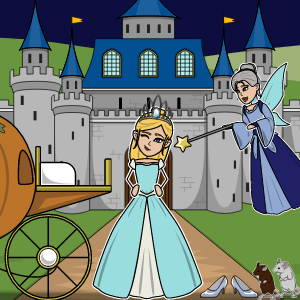 Prinses in blauwe jurk staat voor kasteel met een feeënmoeder die aan de rechterkant vliegt en glazen muiltjes op de grond
