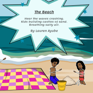 İki çocuk kumsalda kumda oynuyor ve en üstte plajla ilgili bir haiku şiiri örneği var.