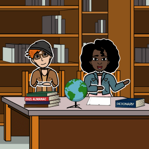Zwei Studenten sitzen in einer Bibliothek und stöbern an einem Schreibtisch in Nachschlagewerken