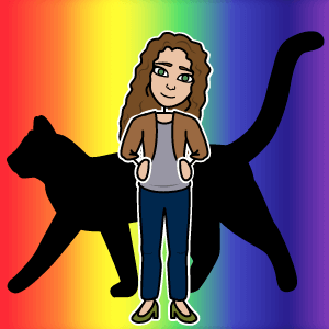 A brown haired girl stands in front of a silhouetted cat and a blurred rainbow. She smiles with her hands on her hips. This is Mia from A Mango Shaped Space.