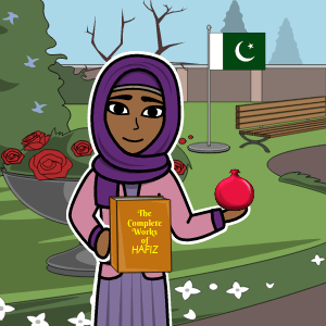 A pakistani girl holds an orange book and a pomegranate. She wears a purple hijab, and purple and pink clothing. Behind her is a park.