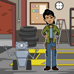An Asian girl with dark hair stands in a mechanics shop, hands on her hips. She winks. There is a small body robot beside her.