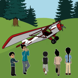 Un avión de hélice descansa sobre una colina verde. Cinco personajes de la herencia china lo miran con alegría. Esto es de Dragonwings por Laurence Yep