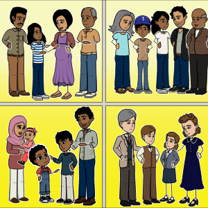 Vier families uit de roman Vluchteling van Alan Gratz staan in kwadranten voor een gele achtergrond.