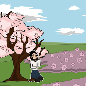 Yuriko iz filma Posljednji trešnjin cvijet sjedi ispod stabla trešnje. Cvjetovi su mu ružičasti.