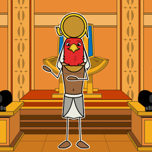 Egyptian god Ra stands in front of a throne.