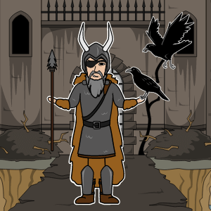 The Norse god Odin stands in front of an old looking fortress. He holds a spear in one hand and two ravens in the other. He wears dark grey armor, and a helmet with horns.