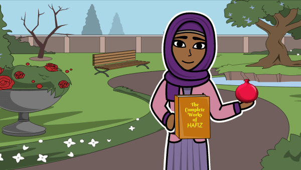 En pakistansk jente har på seg lilla hijab og rosa genser. Hun holder en oransje bok og et granateple mens hun står i en park. Dette er Amal.