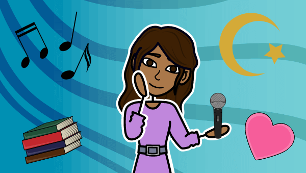 Amina's Voice Summary: A young Pakistani-American girl holds a microphone in one hand. She smiles as she stands in front of a wavy blue background with hearts, books, musical notes, and the crescent and star symbol of Islam.