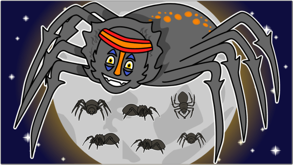 Anansi the Spider is sitting on the moon with his six spider sons