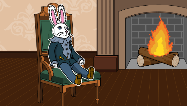 A white china rabbit doll sits on a fancy chair in front of a fire place. He is wearing an outfit with a ruffled collar.