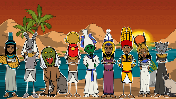 Egyptian gods and goddesses stand in front of the Nile river