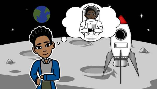 O fată afro-americană japoneză stă în fața Lunii. Ea visează să fie astronaut.