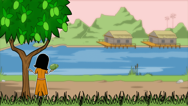 Inside Out and Back Again Book: A young, brown haired girl in an orange dress stands beside a papaya tree. She looks out at a river, which has stilt houses on the other side. It's Vietnam in the 1970s.