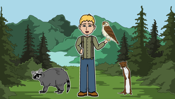 Sam from My Side of the Mountain has one hand on his hip and the other holding a falcon. On either side of him are a raccoon and a weasel. There are mountains and forests behind them.