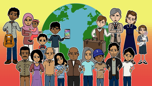 Alan Gratzin Refugee-romaanin hahmot seisovat punaisen ja keltaisen taustan edessä ja takana maapallo