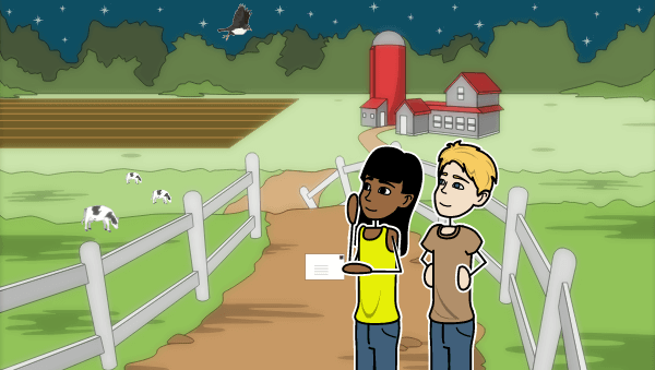 Tmavovlasé mexické dievča v žltej košeli a blond biely chlapec stoja pred jemne osvetlenou farmou. Dievča drží list. Kniha Návrat k odosielateľovi od Julie Alvarezovej