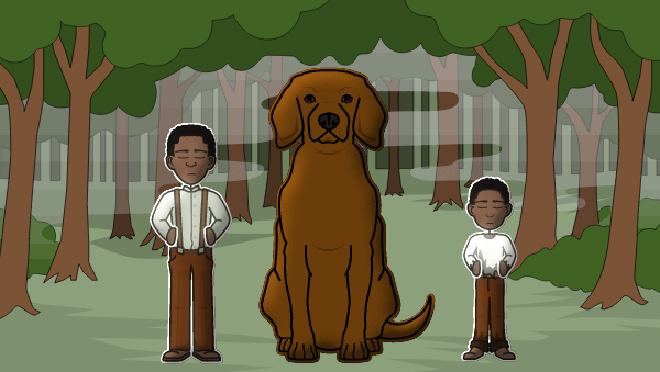 A brown dog sits in front of a foggy forest. A Black man in 19th century clothing stands on one side of the dog, and his son on the other.