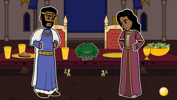 Kráľ a princezná sa pozerajú na žabu, ktorá sedí na ich jedálenskom stole. Toto je Žabí princ.
