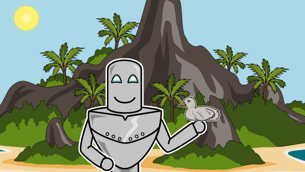 Laukinių robotų knyga: metalinis robotas vienoje rankoje laiko žąsiuką. Ji šypsosi priešais apleistą salą.