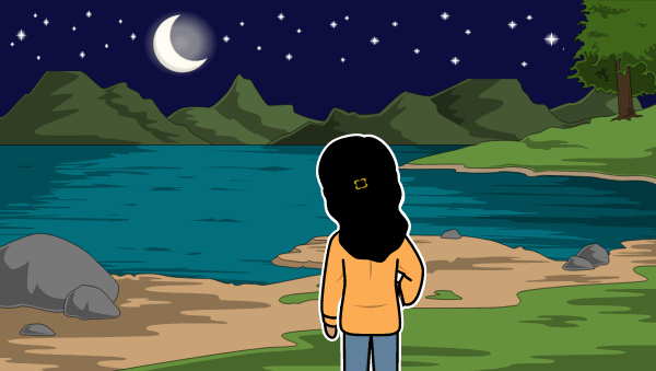 वॉक टू मून्स बुक: नारंगी रंग की स्वेटशर्ट में काले बालों वाली लड़की चाँद को देखती है। वह एक झील के सामने खड़ी है।