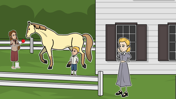The War That Saved My Life Summary| A brown haired girl feeds an apple to a butter colored horse in a paddock next to a white house. Her little brother and their foster mother watch on.