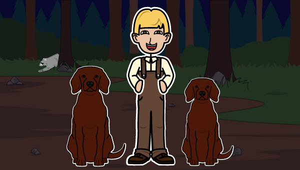 A blond boy in overalls stands in between two red raccoon hounds. He is smiling. This is Billy from Where the Red Fern Grows book.