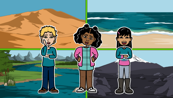 Three children, a white boy with blond hair, a Black girl, and a southeast Asian girl, stand in front of pictures of landscapes. They depict a desert, the ocean, a river, and a mountain.