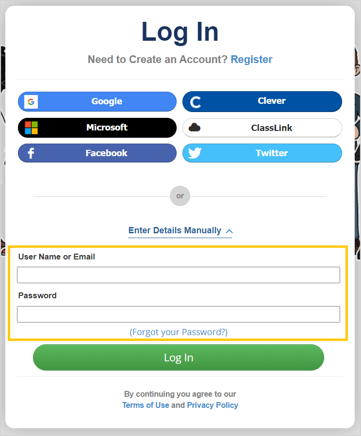 Log in screenshot