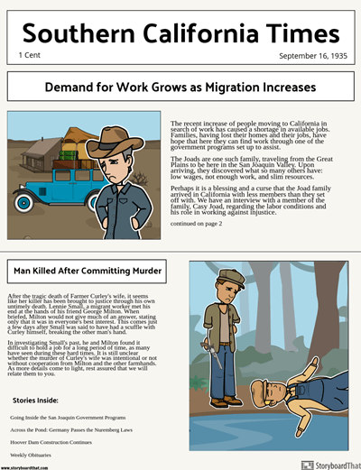 Af mus og Mænd af John Steinbeck - Dust Bowl Newspaper Announcement Activity