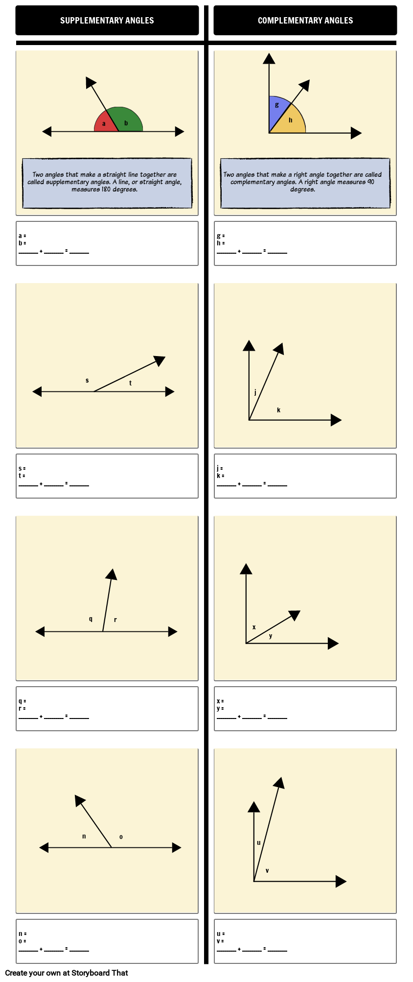 Supplementary and Complementary Angles Definitions