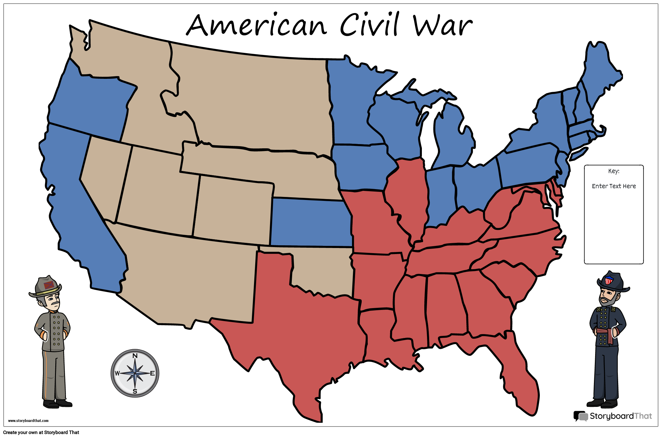 ملصق خريطة 24 لون المناظر الطبيعية الحرب الأهلية الأمريكية