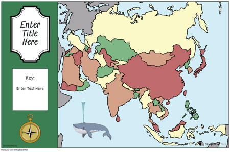 ملصق خريطة 32 لون المناظر الطبيعية آسيا