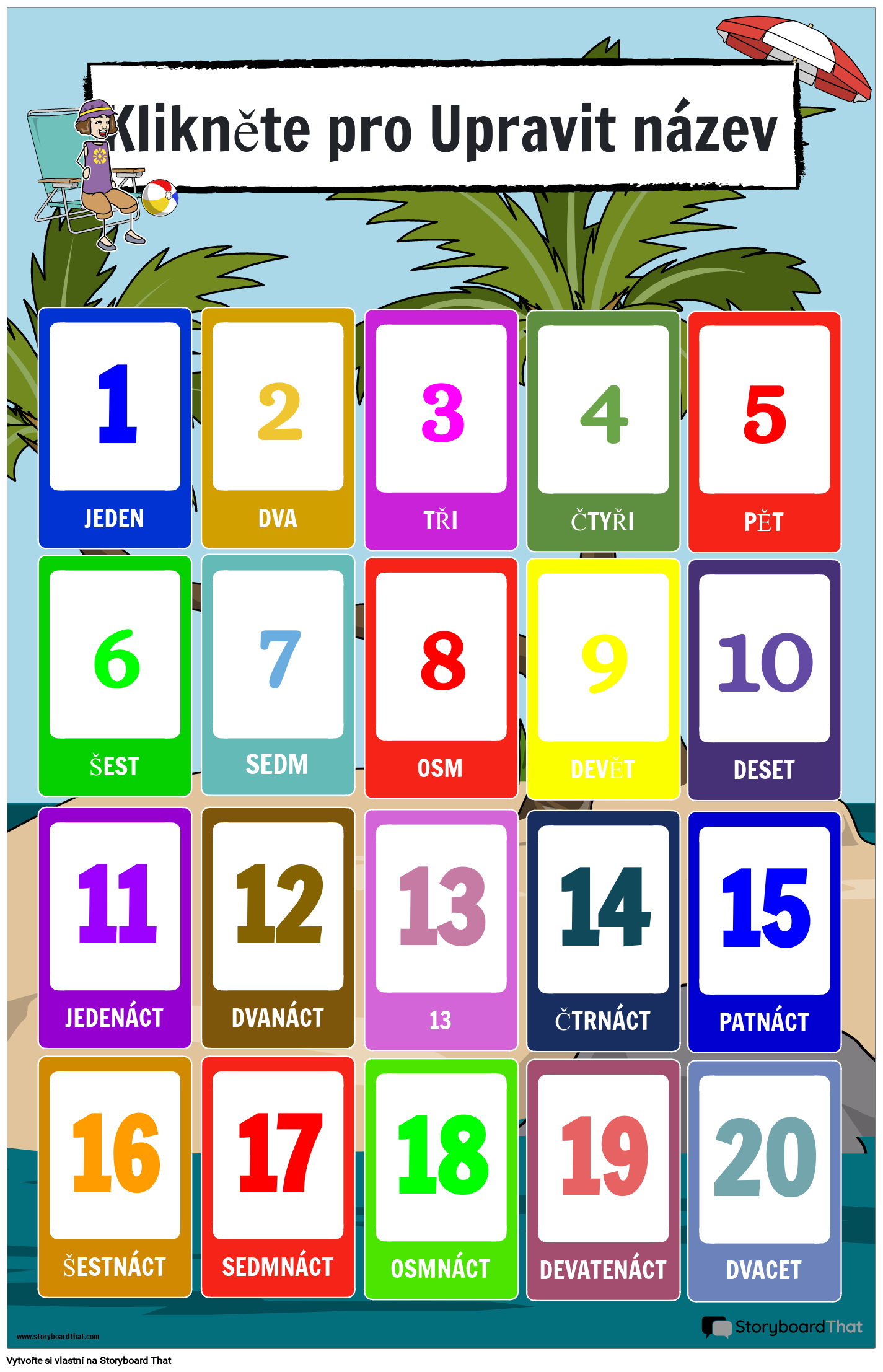 Číselný plakát s plážovou tématikou (1–20)