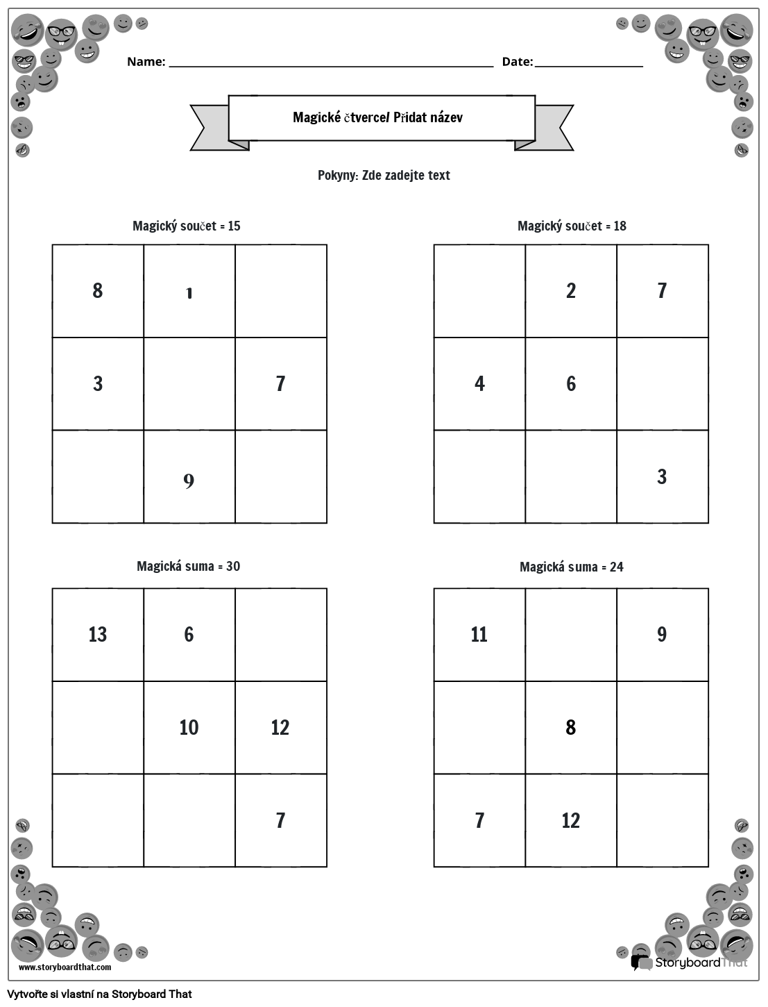 Pracovní list 3x3 Magic Squares s okrajem smajlíků (černobílý)