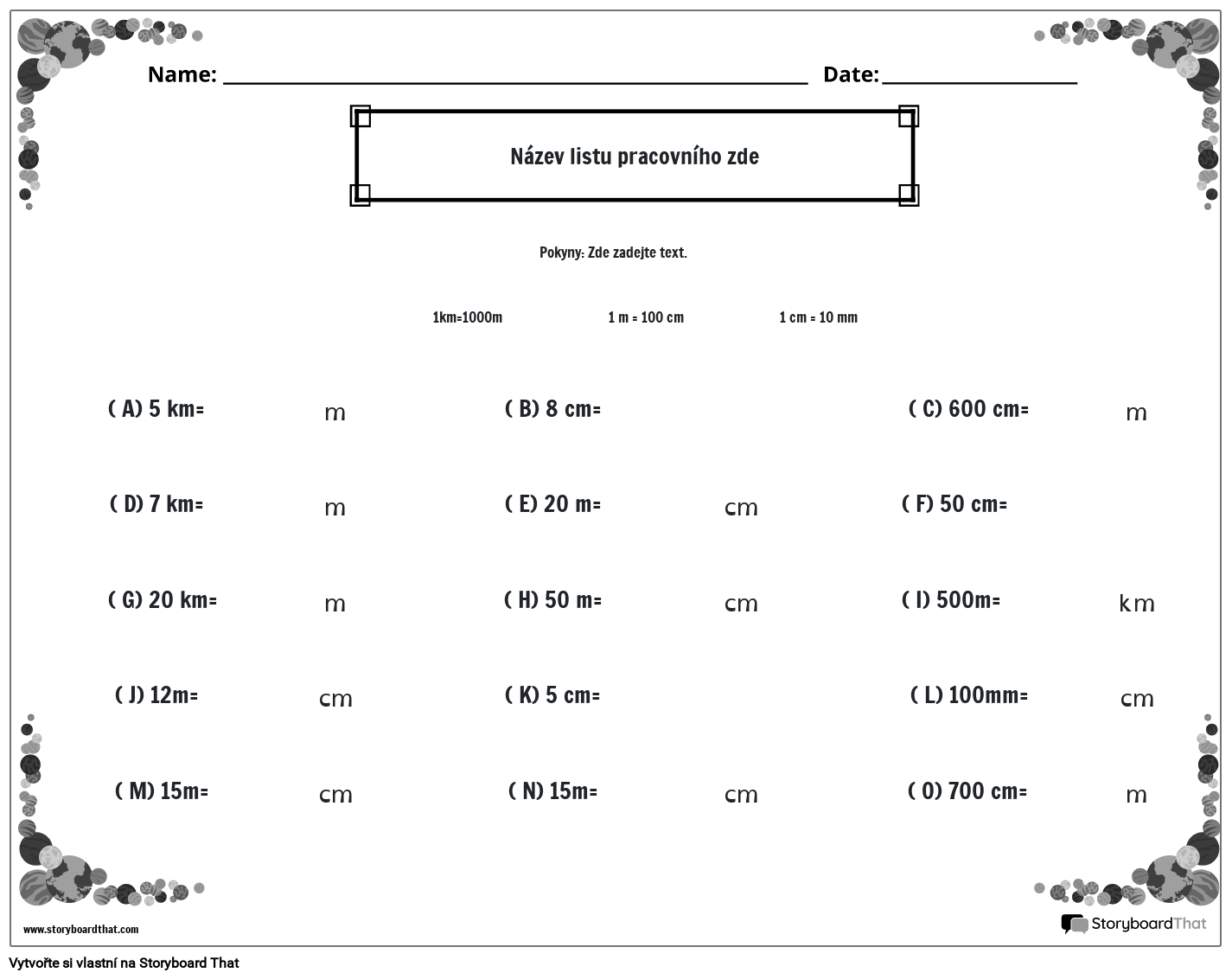 Pracovní list metrických jednotek délky s okrajem planety (černobílý)